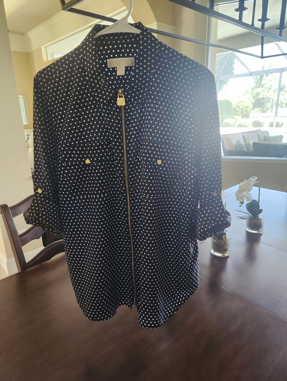 Michael Kors Black Polka Dot Zip-Front Blouse with Gold Accents
